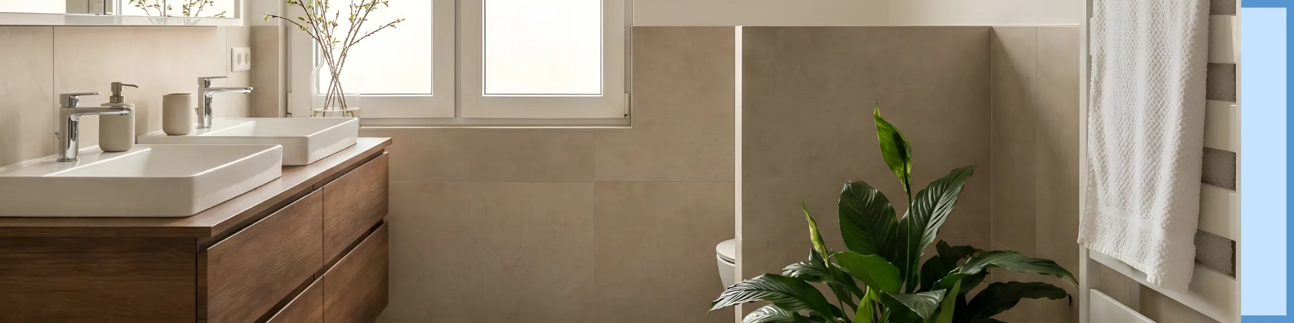 Kinderbad mit bodengleicher Dusche, elegante Holzoptik, mit weißem Handtuchheizkörper und Sichtschutz für das WC