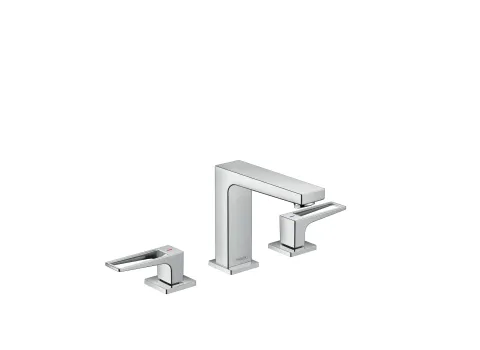 Eine dreiteilige Badewannenarmatur in Chrom mit einem hohen, eckigen Auslauf und zwei markanten Bedienhebeln mit offenem Design.