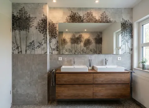 Design-Badezimmer mit Holzmöbeln, zwei Keramikwaschbecken und großformatiger Spiegelwand vor Naturtapete.