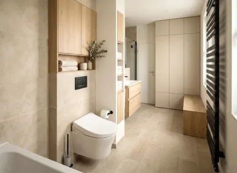 Stilvolles Bad mit maßgefertigten Badmöbeln, Naturtönen und funktionaler Aufteilung.