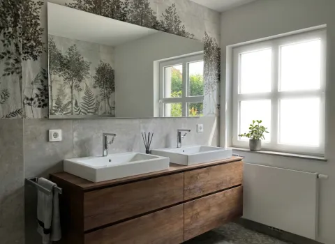 Zeitgemäß eingerichtetes Badezimmer mit Holzmöbeln, Naturtapete und zwei Aufsatzwaschbecken unter großem Spiegel.