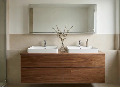 Stilvoller Waschtisch mit zwei rechteckigen Waschbecken, Unterschrank in Holzoptik und minimalistischem Design.Stilvoller Waschtisch mit zwei rechteckigen Waschbecken, Unterschrank in Holzoptik und minimalistischem Design.