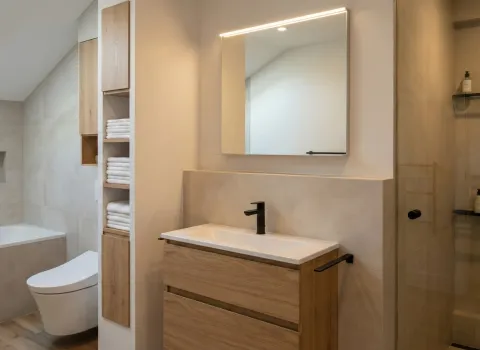 Stilvoll eingerichtetes Bad mit schwarzem Wasserhahn, eingebautem Regal und eleganter Dusche mit Glaswand.