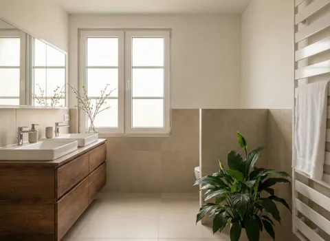 Helles Badezimmer mit Doppelwaschbecken, großem Fenster, Holzunterschrank und dekorativer Grünpflanze.