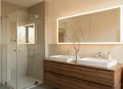 Zeitloses Bad mit zwei Waschbecken, Spiegelschrank und natürlichem Holzdekor.