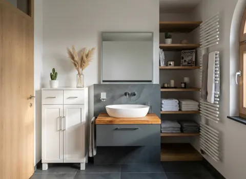 Stilvoll eingerichtetes Bad mit dekorativem Spiegel, Pflanzen und funktionalem Stauraum.