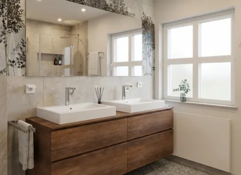 Zeitgemäß eingerichtetes Badezimmer mit Holzmöbeln, Naturtapete und zwei Aufsatzwaschbecken unter großem Spiegel.