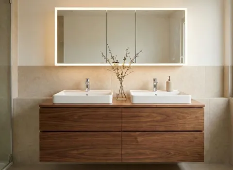 Stilvoller Waschtisch mit zwei rechteckigen Waschbecken, Unterschrank in Holzoptik und minimalistischem Design.Stilvoller Waschtisch mit zwei rechteckigen Waschbecken, Unterschrank in Holzoptik und minimalistischem Design.