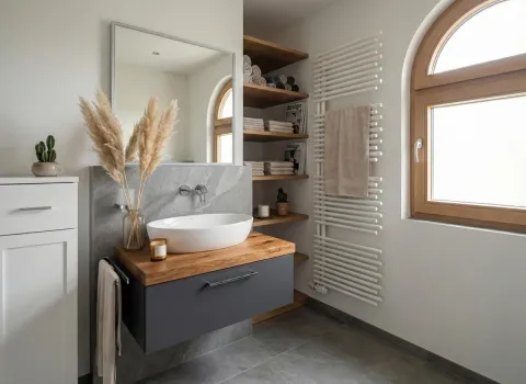 Stilvolles Badezimmer mit Naturmaterialien, großem Spiegel und Deko-Elementen wie Trockenblumen und Kerzen.