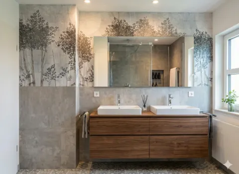 Design-Badezimmer mit Holzmöbeln, zwei Keramikwaschbecken und großformatiger Spiegelwand vor Naturtapete.
