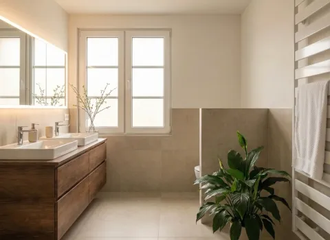 Helles Badezimmer mit Doppelwaschbecken, großem Fenster, Holzunterschrank und dekorativer Grünpflanze.