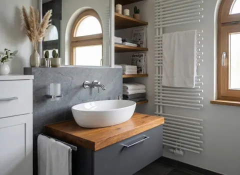 Waschplatz mit Naturholzplatte, grauer Wandverkleidung und Wandarmatur in einem hellen Bad mit Regal.