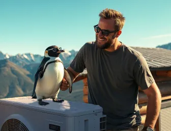 Ein Pinguin posiert auf einer Wärmepumpe vor einer malerischen Bergkulisse, während ein Mann mit Sonnenbrille ihn lachend an der Flosse hält.