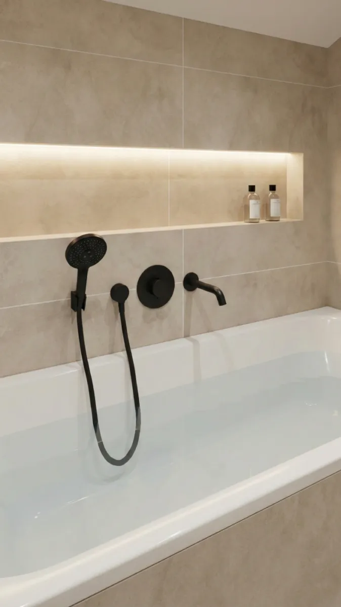 Minimalistische Wanne mit matter schwarzer Armatur und beleuchteter Ablage in modernem Badezimmer.
