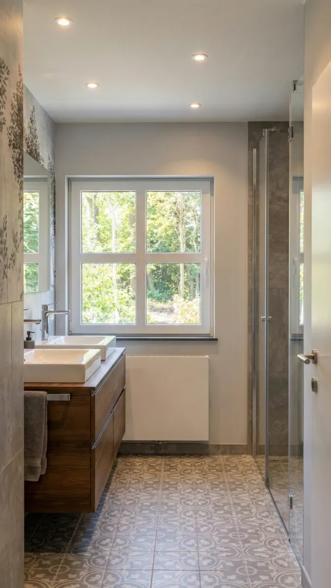 Elegant eingerichtetes Badezimmer mit Waschplatz aus Holz, Aufsatzbecken, Spiegelwand und Blick auf Garten durch Fenster.