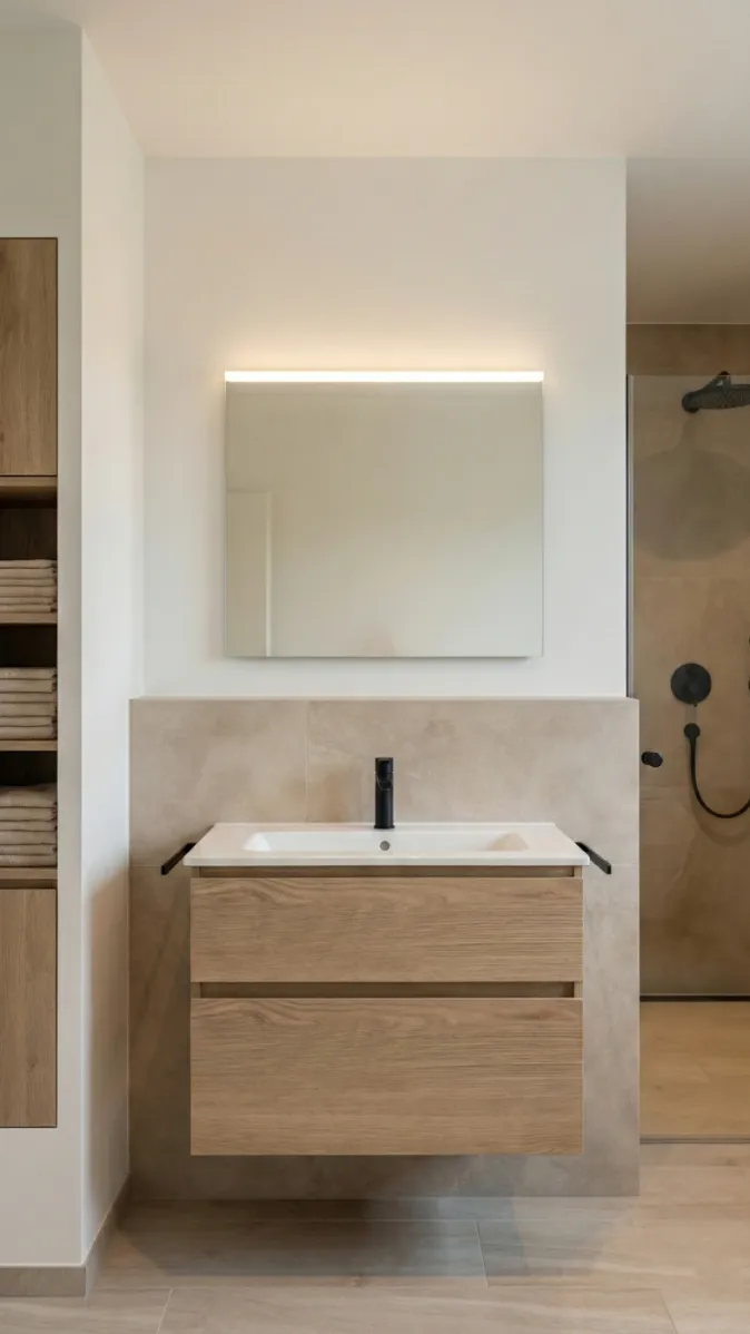 Helles Badezimmer mit wandhängendem Waschbecken-Unterschrank, schwarzem Wasserhahn und begehbarer Dusche.