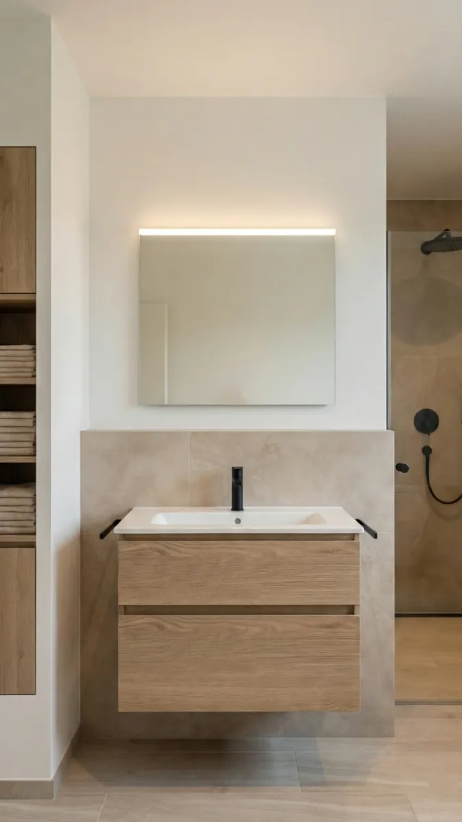 Helles Badezimmer mit wandhängendem Waschbecken-Unterschrank, schwarzem Wasserhahn und begehbarer Dusche.