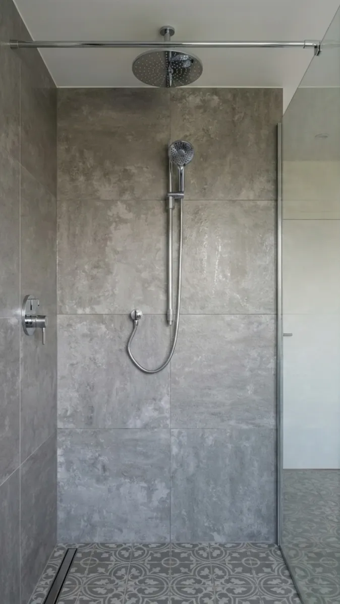 Zeitgemäße Walk-In-Dusche mit eleganter Regenduschkopf-Armatur, grauer Feinsteinzeug-Wandverkleidung und Ornamentfliesen.
