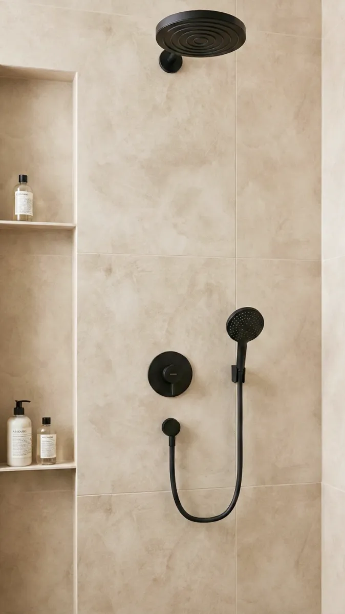 Begehbare Dusche mit mattschwarzer Duschgarnitur und integrierter Wandnische für Pflegeprodukte.