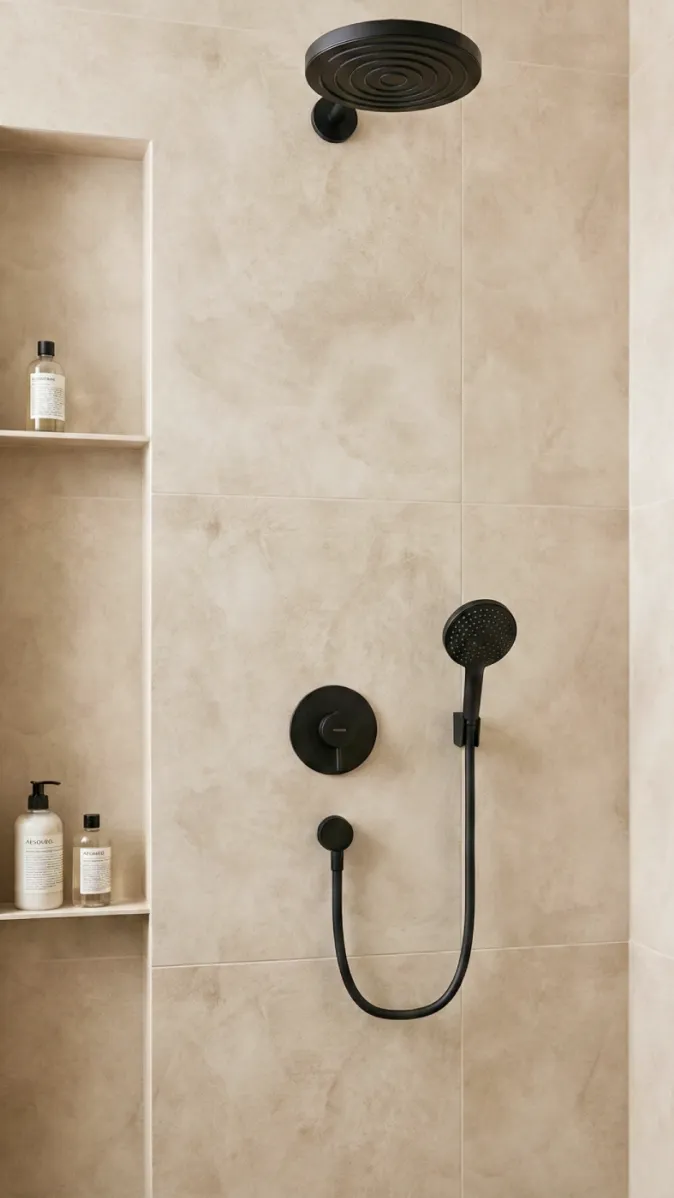 Begehbare Dusche mit mattschwarzer Duschgarnitur und integrierter Wandnische für Pflegeprodukte.