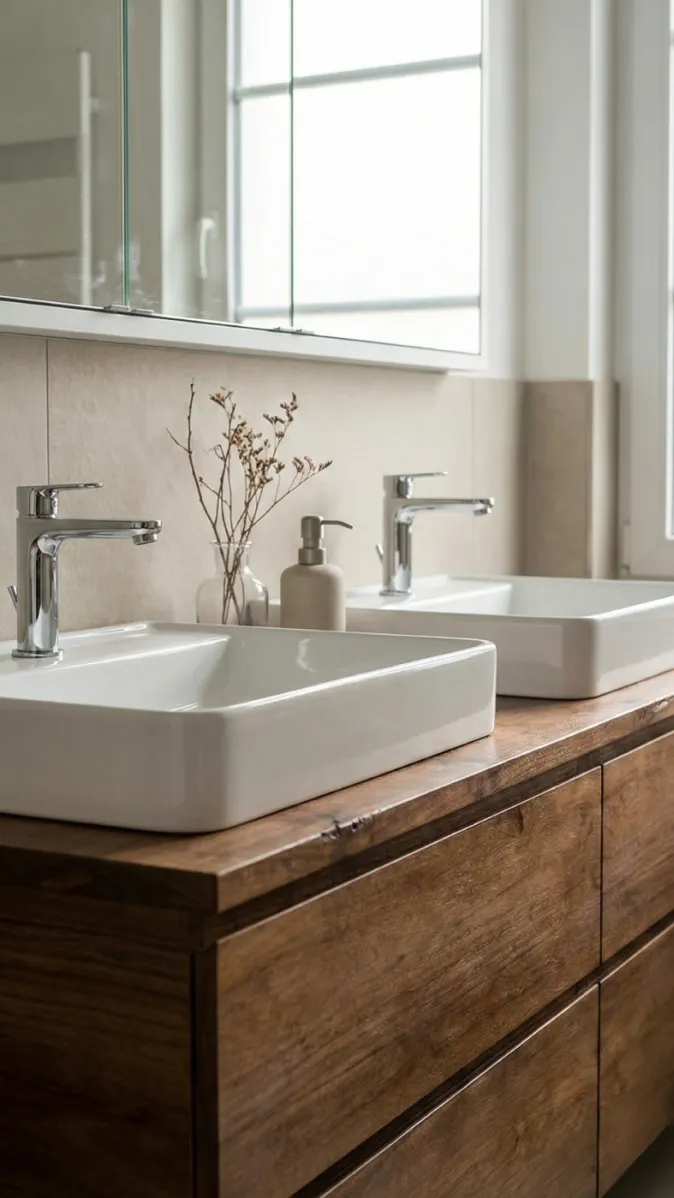 Detailaufnahme von zwei Waschbecken auf einem natürlichen Holz-Waschtisch mit Spiegel und dezentem Deko-Element.