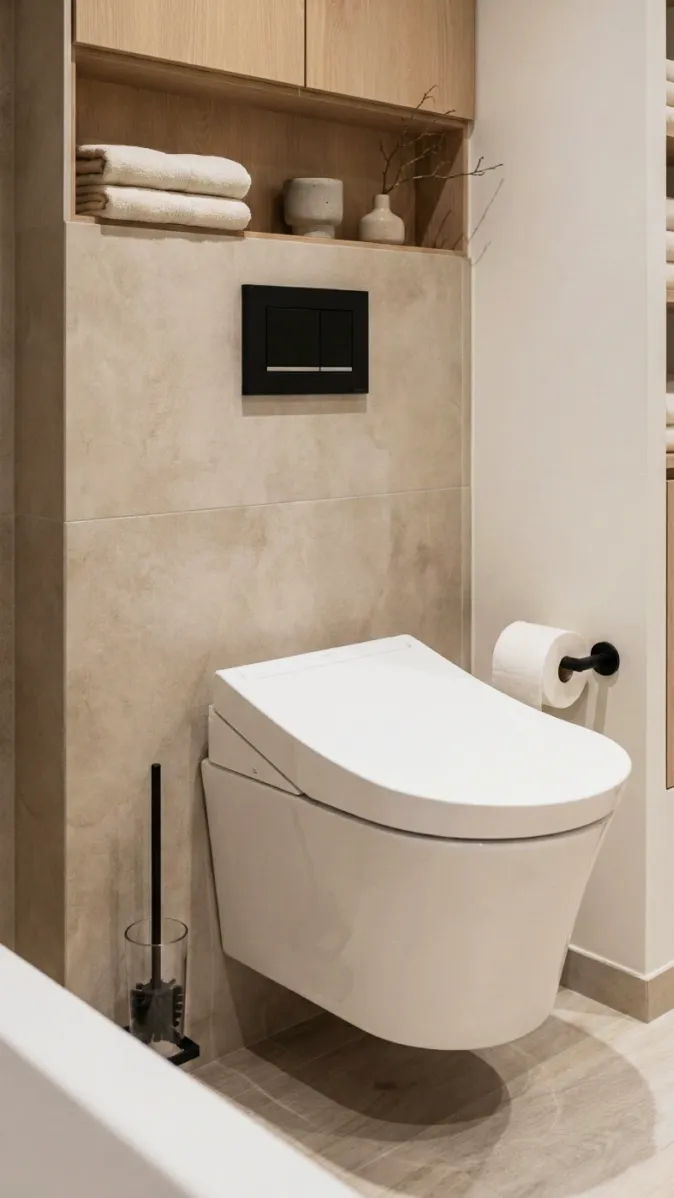 Elegantes Hänge-WC mit minimalistischer Einrichtung, schwarzem Zubehör und natürlichen Beige-Tönen.