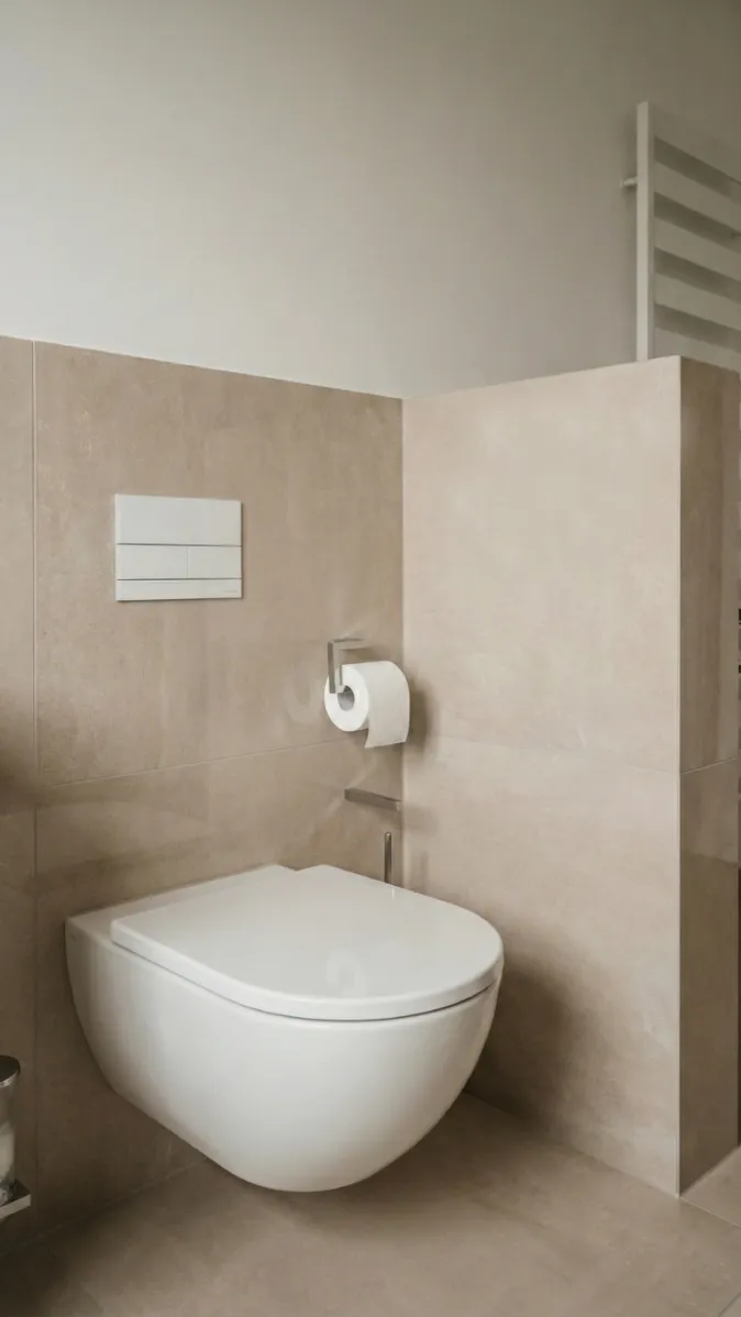 Minimalistisches Bad mit wandhängendem WC, flächenbündiger Drückerplatte und neutralen Fliesen.