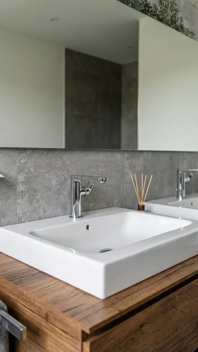 Design-Waschbecken aus weißer Keramik auf Waschtisch aus Holz, daneben ein Raumduft und Spiegelwand mit Fliesenrückwand.