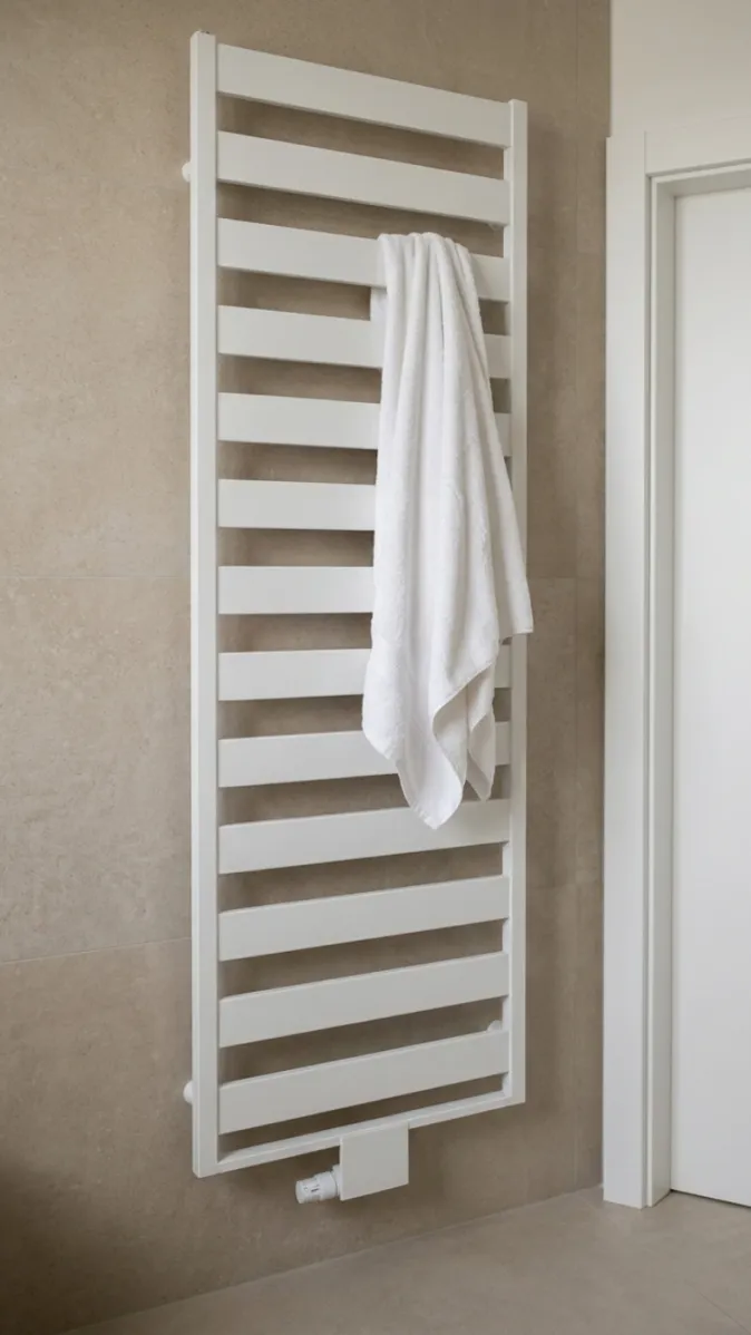 Vertikaler Badheizkörper in Weiß als stilvolle Heizlösung mit Handtuchhalterfunktion.
