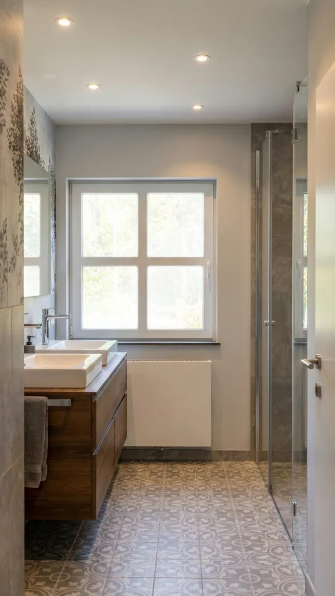 Elegant eingerichtetes Badezimmer mit Waschplatz aus Holz, Aufsatzbecken, Spiegelwand und Blick auf Garten durch Fenster.