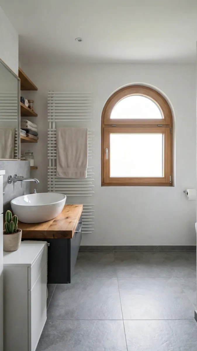 Helles Bad mit Waschtisch aus Holz, Aufsatzwaschbecken, offenem Regal und stilvollem Fenster mit Holzrahmen.