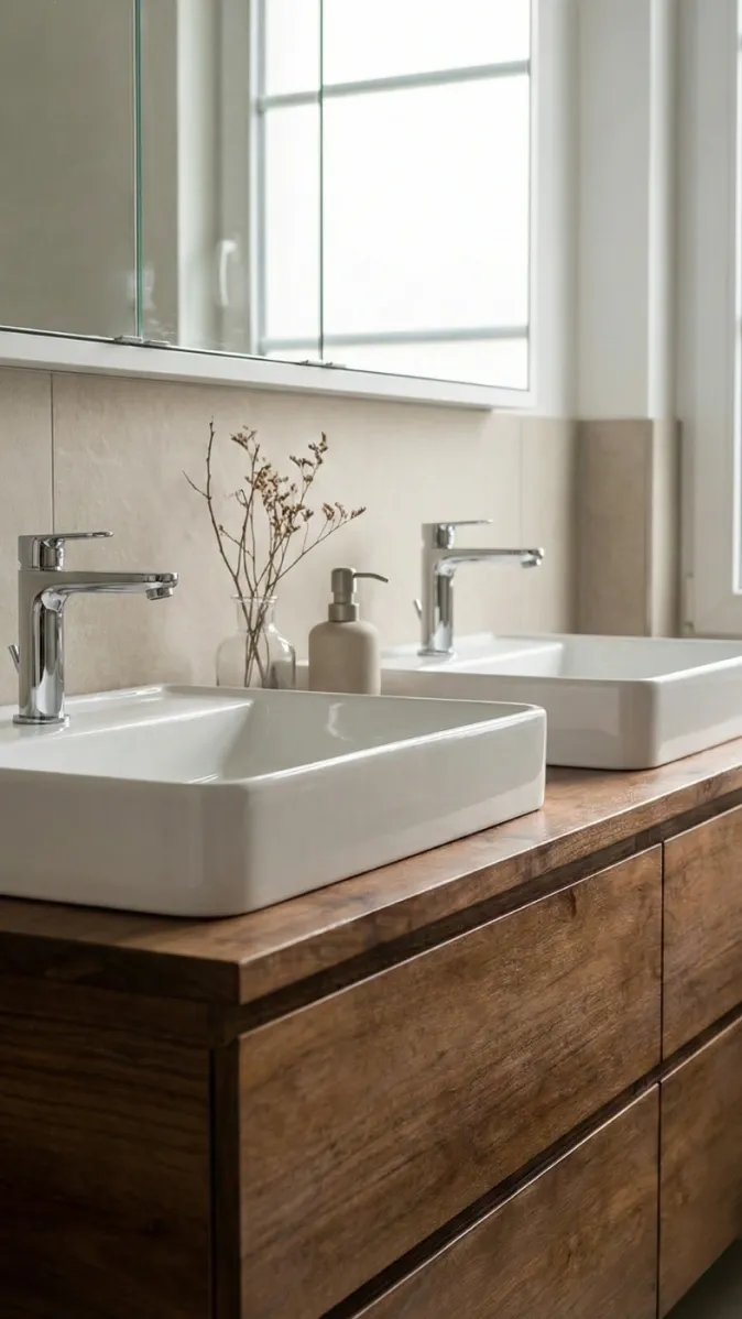 Detailaufnahme von zwei Waschbecken auf einem natürlichen Holz-Waschtisch mit Spiegel und dezentem Deko-Element.