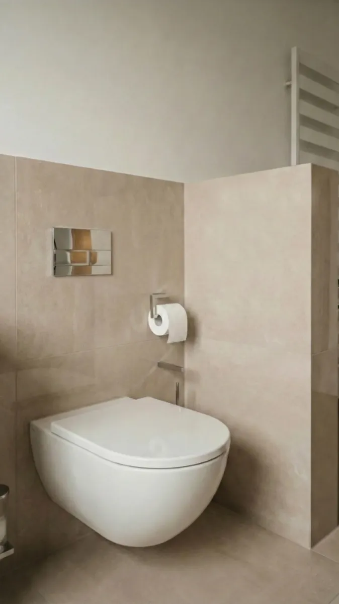 Minimalistisches Bad mit wandhängendem WC, flächenbündiger Drückerplatte und neutralen Fliesen.