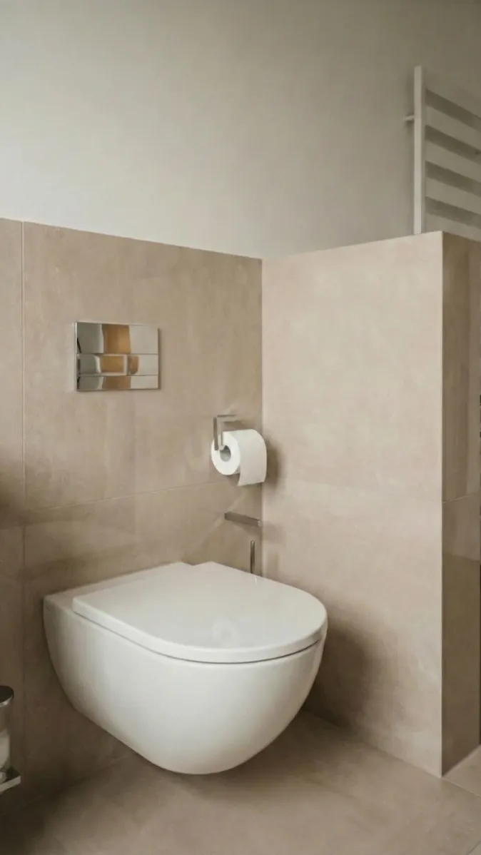 Minimalistisches Bad mit wandhängendem WC, flächenbündiger Drückerplatte und neutralen Fliesen.