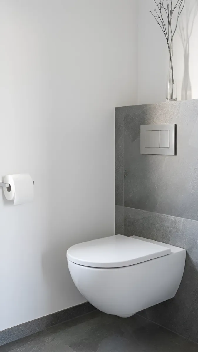 Toilette mit verdecktem Spülkasten, grauen Natursteinfliesen und schwebender Optik.