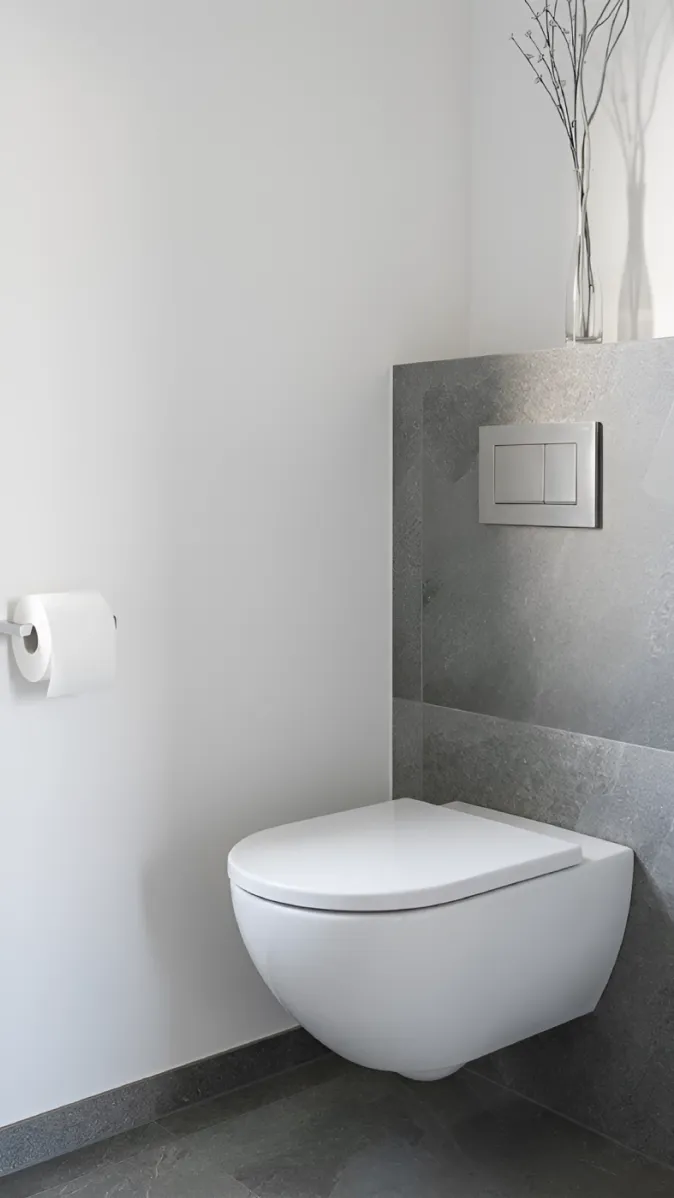 Toilette mit verdecktem Spülkasten, grauen Natursteinfliesen und schwebender Optik.