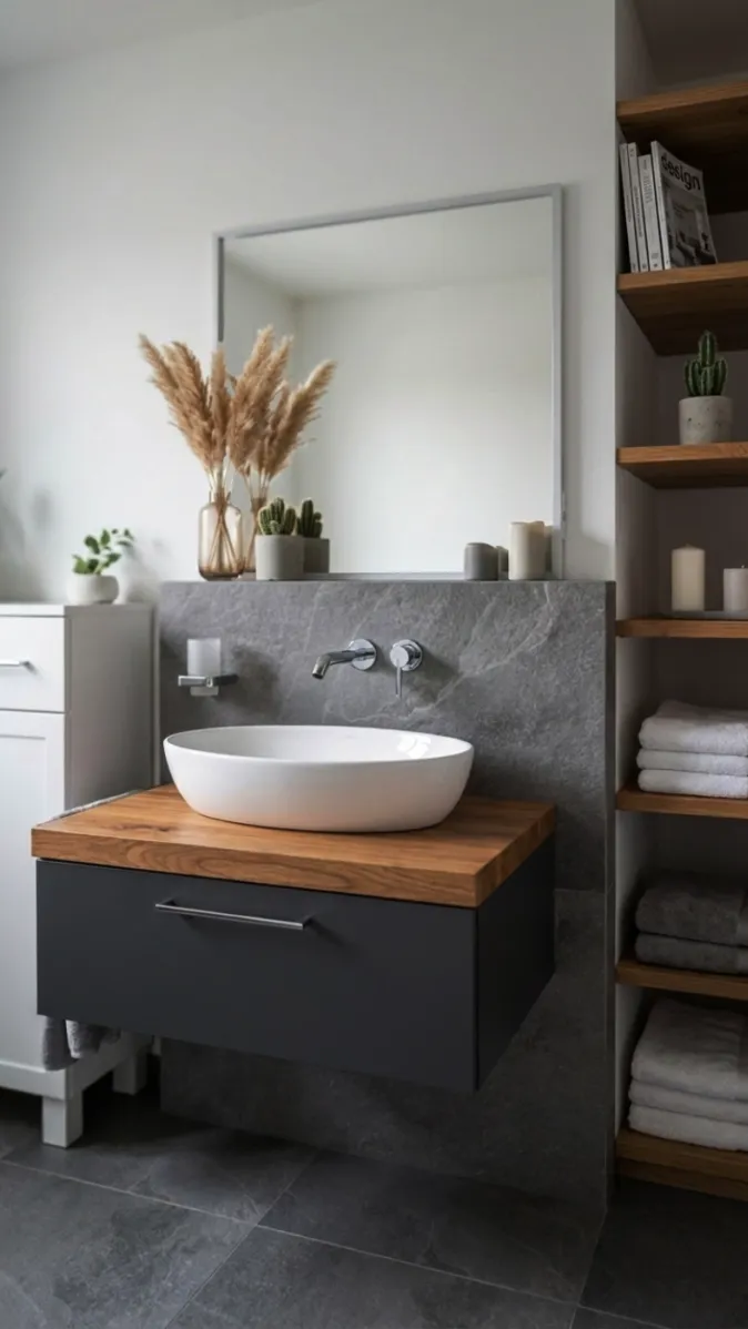 Waschplatz mit schwarzem Unterschrank, Naturdeko, Spiegel und offenen Regalen im minimalistischen Stil.