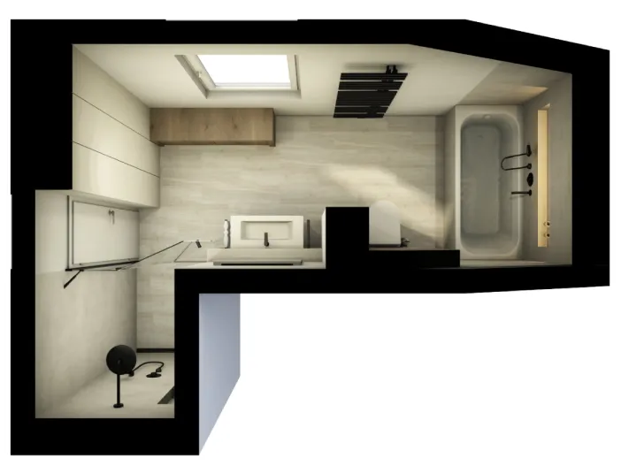 Visualisierter Bad-Grundriss mit cleverer Raumnutzung, Badewanne mit Nische, Wand-WC und schwarzer Ausstattung.