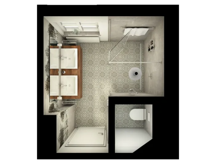 Detaillierter Badgrundriss mit Doppelwaschtisch auf Holzplatte, gemustertem Fliesenboden und separater Toilette.