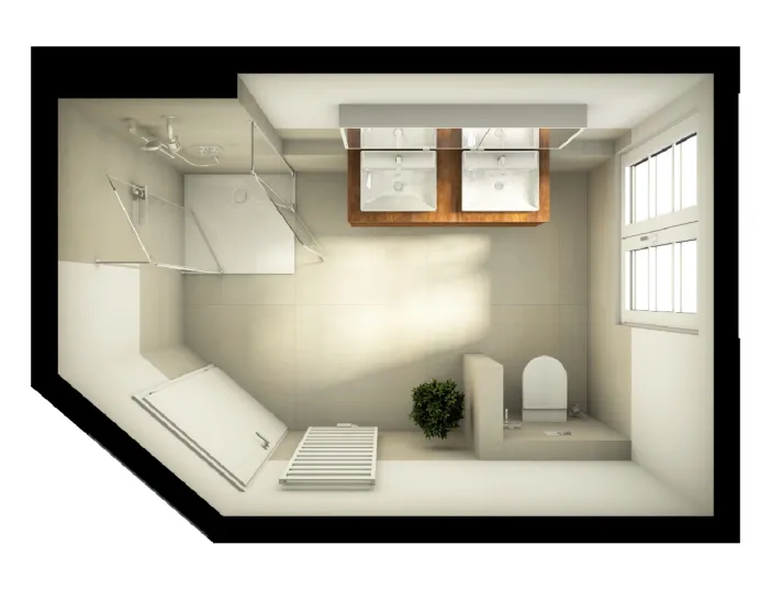 Grundriss eines modernen Badezimmers mit Dusche, zwei Waschbecken, WC-Trennwand und großem Fenster.