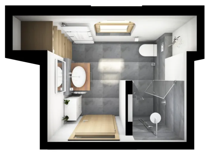 Detaillierte Badplanung in 3D mit platzsparender Anordnung von WC, Dusche und Waschplatz.