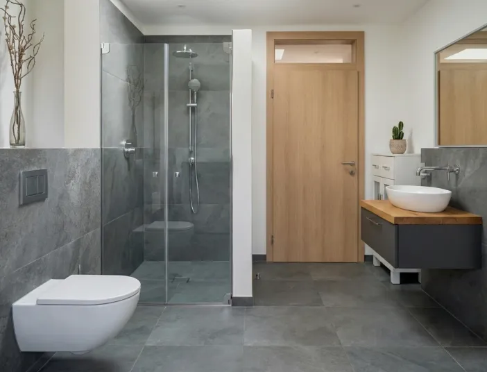 Badezimmer mit grauen Feinsteinzeugfliesen, begehbarer Dusche, Holzdetails und minimalistischer Einrichtung.