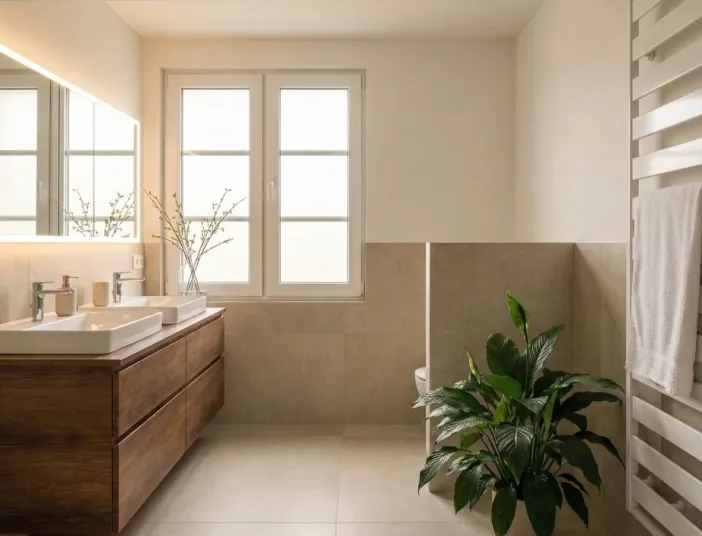 Helles Badezimmer mit Doppelwaschbecken, großem Fenster, Holzunterschrank und dekorativer Grünpflanze.
