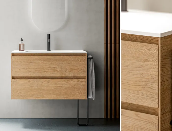 Moderner Waschtisch mit natürlicher Holzfront, weißem Aufsatzbecken und schwarzem Handtuchhalter, ergänzt durch Detailansicht der Materialstruktur von Stocco.