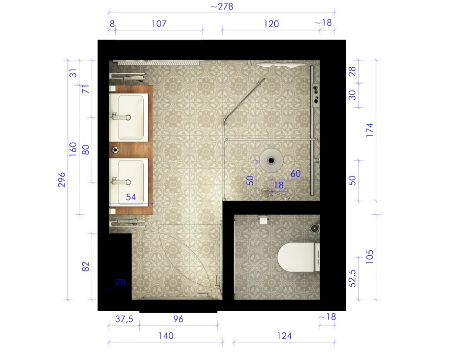 Modernes Badlayout mit Doppelwaschtisch, bodengleicher Dusche und WC-Nische, visualisiert mit exakten Raummaßen.