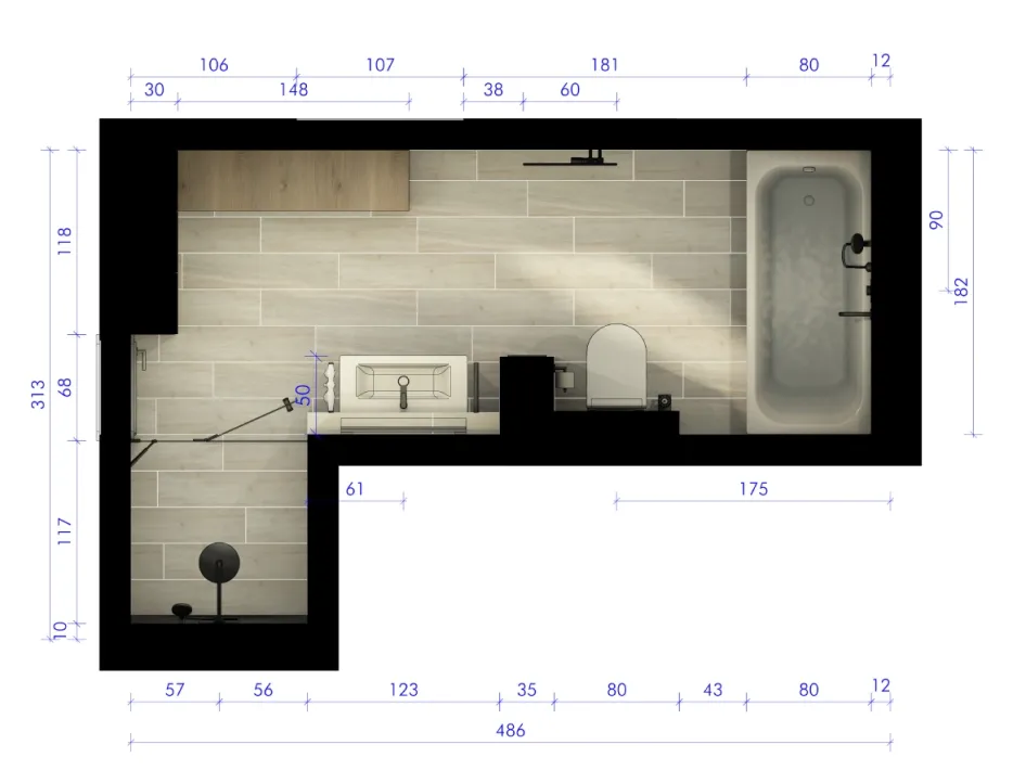Detaillierte Badezimmerplanung mit Maßangaben, moderner Einrichtung und klarer Raumaufteilung.