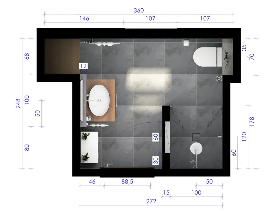 Detaillierter Grundriss eines modernen Badezimmers mit Dusche, WC und Waschtisch auf grauen Fliesen.
