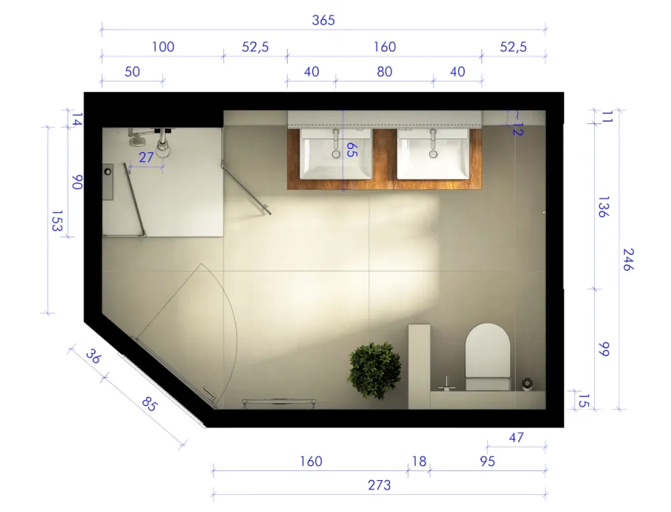Grundriss eines modernen Badezimmers mit Doppelwaschbecken, Dusche, WC und detaillierten Maßangaben in Zentimetern.