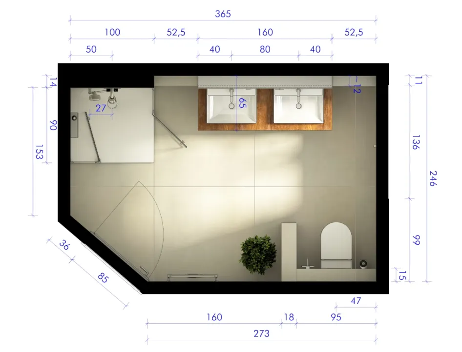 Grundriss eines modernen Badezimmers mit Doppelwaschbecken, Dusche, WC und detaillierten Maßangaben in Zentimetern.